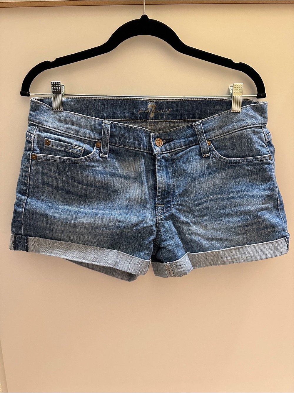 7 For All Mankind Light Blue Denim Roll-Cuff Shorts